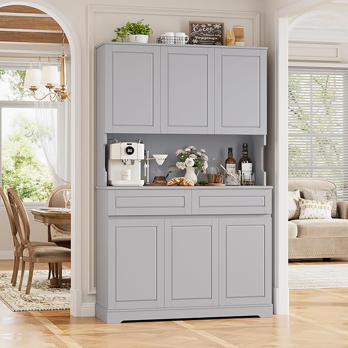 FACBOTALL 74" Pantry Cabinet, Tall Kitchen Pantry Cabinet with 6 Doors and 2 Drawers, Kitchen Hutch with Wide Countertop, Modern Kitchens Cupboard with Adjustable Shelves and Charge Holes, Grey