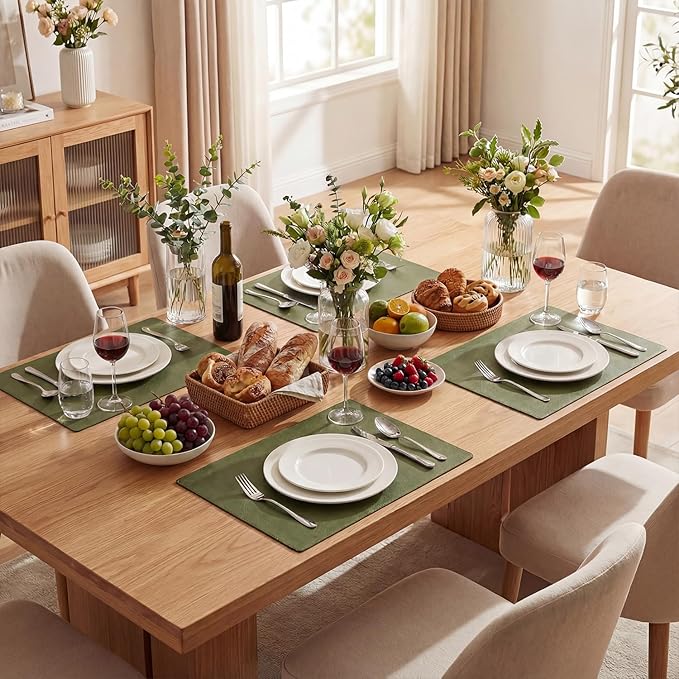 Artoid Mode Olive Green Faux Leather Placemats Set of 6, 12x18 Inch Waterproof Wipeable Heat Resistant Place Mats, Reversible Table Mats for Kitchen Dining Decor