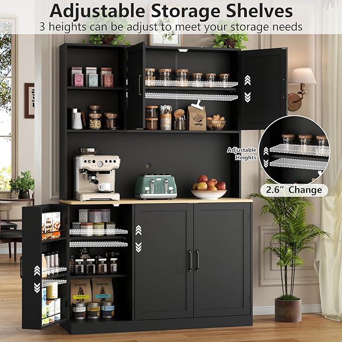 71" Tall kitchen Pantry Storage Cabinet, Modern Kitchen Hutch with 3 Pull-out Drawers, Kitchen Pantries with Microwave Stand & Door Shelf, Food Pantry with Adjustable Shelves for Dining Room (Black)