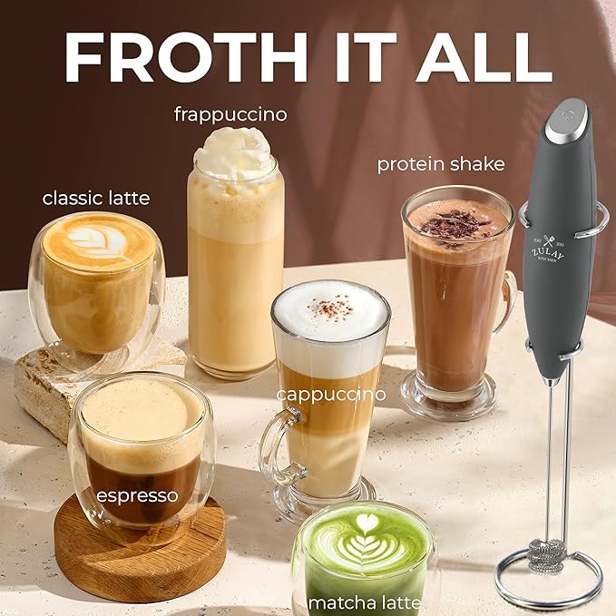 Zulay Kitchen Patented Tornado Triple Whisk Milk Frother with 4 Duracell Batteries ??Handheld Foam Maker for Coffee, Lattes, Matcha & Hot Chocolate ??Rich, Creamy Froth in Seconds