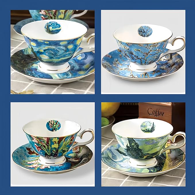 Van Gogh Bone China Set of 4 Cups and Saucers, Coffee Cup and Saucer Set With Gift Box, 7.4-Ounce Art Coffee Mugs Set - Perfect Birthday/Holiday/Wedding Gift