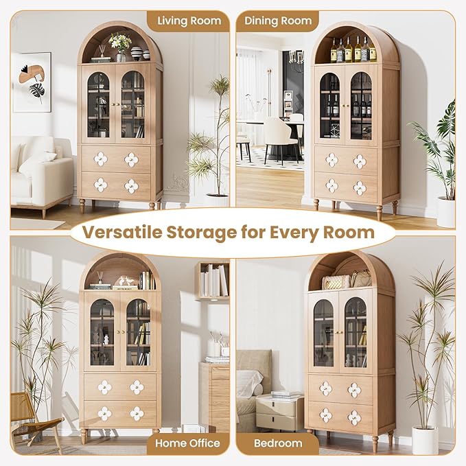 MOPHOTO Arched Cabinet, 71 in Arched Cabinet with Glass Doors, Modern Versatile Pantry Storage Cabinet with 2 Large Drawers for Living Room, Kitchen, Dining Room