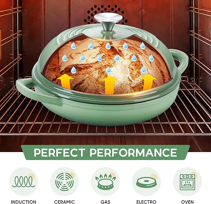 E-far Dutch Oven for Sourdough Bread Baking, 6 Qt Round Enameled Cast Iron Dutch Oven for Homemade Artisan Bread, Dome Lid & Shallow Base, Matte Black Interior & Durable, Oven-Safe to 500?? Green