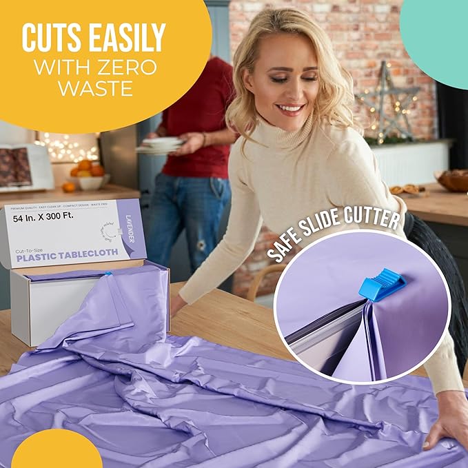 Party Solids 54 Inch X 300 Feet Lavender Plastic Table Cover Roll in A Cut - to - Size Box with Convenient Slide Cutter. Cuts Up to 36 Rectangle 8 Feet Plastic Disposable Tablecloths