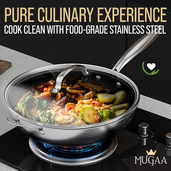 12.5??Nonstick Stainless Steel Wok Pan with Lid | Tri-Ply Honeycomb Hybrid Stir-Fry Pan | Nonstick Woks & Stir-Fry Pans | PFOA-Free, Induction, Dishwasher & Oven Safe