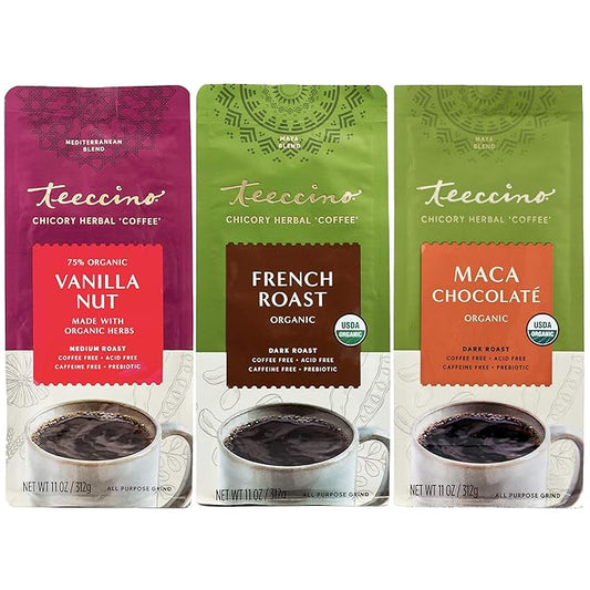 Teeccino Herbal Coffee Variety Pack - Vanilla Nut, French Roast, Maca Chocolaté - Ground Herbal Coffee That?™s Prebiotic, Caffeine-Free & Acid Free, Dark Roast, 11 Ounce (Pack of 3)