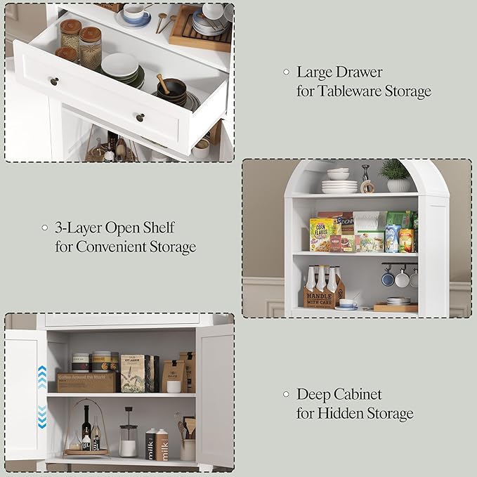Arched Cabinet with Doors, 71" Tall Freestanding Pantry Cabinet with Large Drawer and 3 Tier Open Shelves, Farmhouse Wood Storage Cabinets, Versatile Cupboard for Kitchen and Dining Room, White