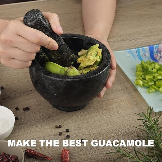 Koville African Natural Granite Mortar and Pestle Set, Grinder Bowl for Guacamole, Salsa, Pill Crusher, Spice, Herb, Garlic, Nut, Heavy Duty Grinder for Kitchen (Glossy Finish)