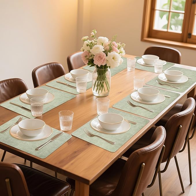 Maxpearl Faux Leather Placemats Set of 8 ??Waterproof, Wipe Clean, Heat Resistant, Non-Slip Dining Table Mats for Indoor & Outdoor Use, 17?씳?2?? Sage Green