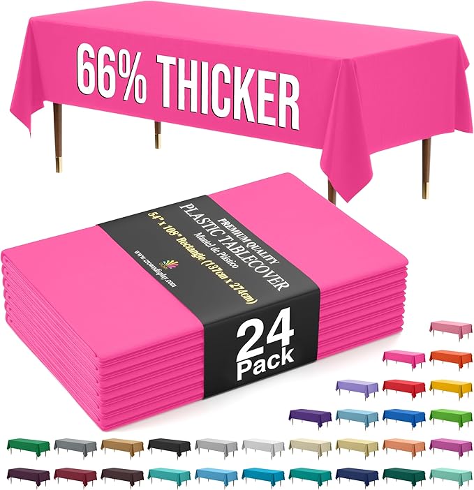 Exquisite 66% Thicker Premium Plastic Table Cloth Rectangle Table Cover 0.5 Mil 24 Pack Cerise Table Cloth 54 Inch x 108 Inch Disposable Tablecloth Won't Tear Easily Like Cheap Thin Brands