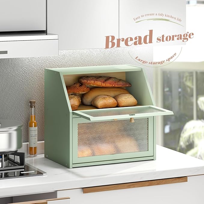 Bread Box for Kitchen Countertop Bin Double Layer Bread Box Storage Container Extra Large Capacity Farmhouse with Diamond Pattern Windows (Green, Extra Large)