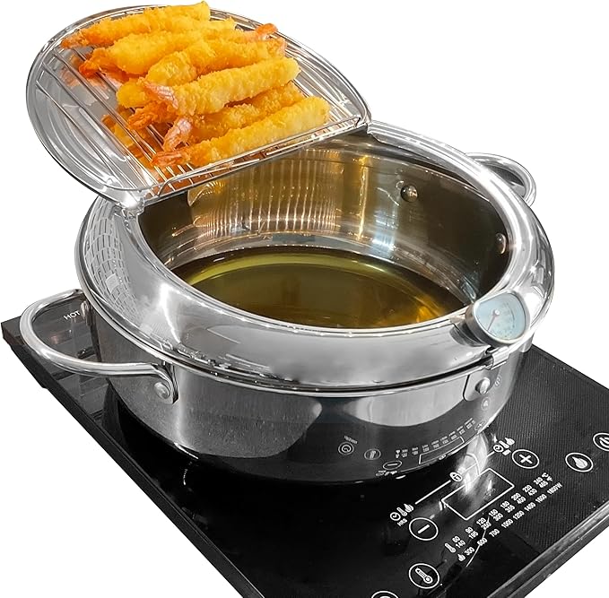 Deep Fryer Pot (째F), 11"/4.4Qt (4.2 L) Extra Large Tempura Frying Pot with Lid, 304 Stainless Steel Fry Pot with Fahrenheit Thermometer and Oil Drip Drain Rack