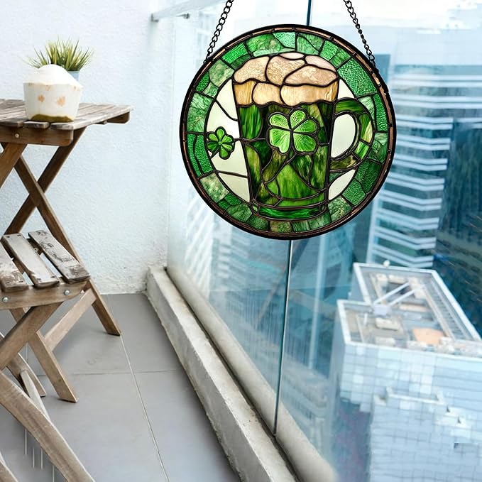 Stained Glass Window Hanging Green Clover St. Patrick's Day 7.8" - Suncatcher Door Garden Sun Catcher Irish Decoration Birthday Christmas for Woman Nana Friend Men