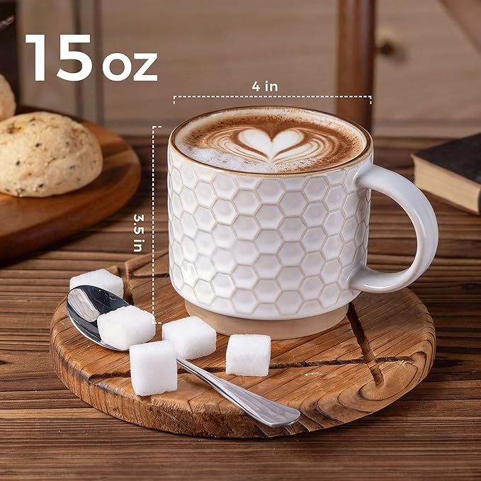GBhome 15OZ Stackable Coffee Mugs, Ceramic Coffee Mugs with Texture Patterns for Man,Woman,Dad,Mom, Modern Coffee Mugs Set of 4 for Latte/Cappuccino/Cocoa. Dishwasher&Microwave Safe, Off White