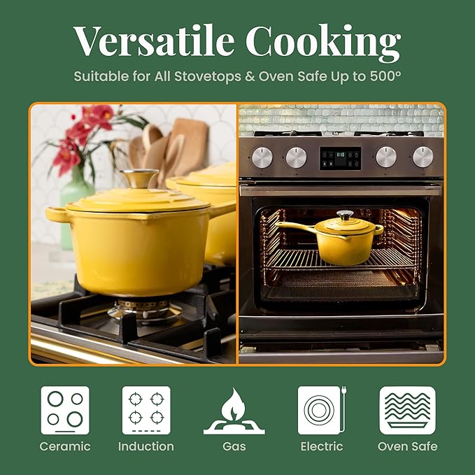 Larder & Vine Enameled Cast Iron Saucepan | 2.2 qt Sauce Pan with Lid | Saucepan with Pour Spouts | Enameled Cast Iron Pot Compatible on All Cooktops & Oven Safe to 500째 F | Limoncello