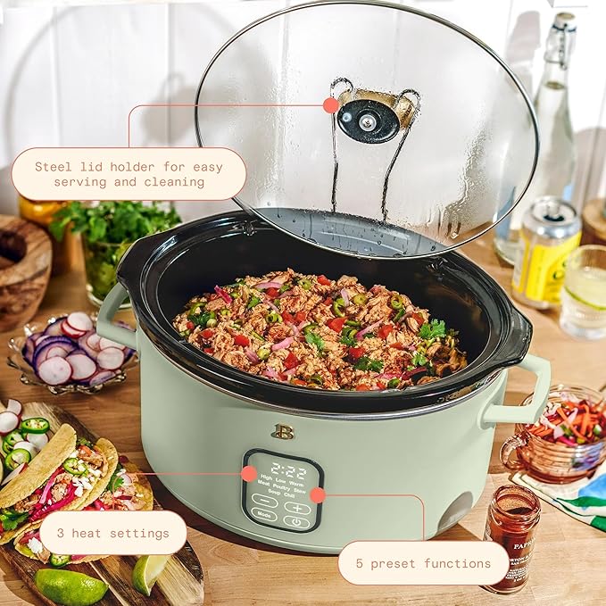 Beautiful 6 Quart Programmable Slow Cooker, 5 Cooking Presets, Digital Countdown Timer, Dishwasher Safe Parts by Drew Barrymore (Sage Green)