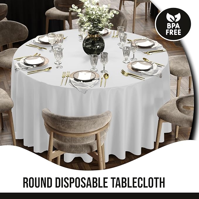 Party Solids 12-Pack White Round Plastic Tablecloth Disposable ??Size: 108 Inches ??Round Plastic Table Cloths for Parties, Picnics & Formal Events