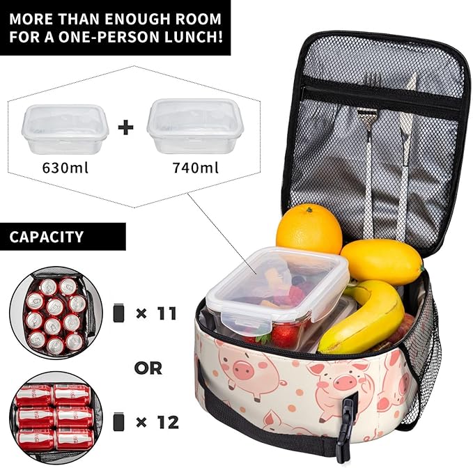 VANZEV Lunch Box for Adults Women Girls Boys Kids Cute Pig Theme Lunch Box Insulated Cooler Reusable Lunch Bag Container Gifts for Work Office Picnic Travel School