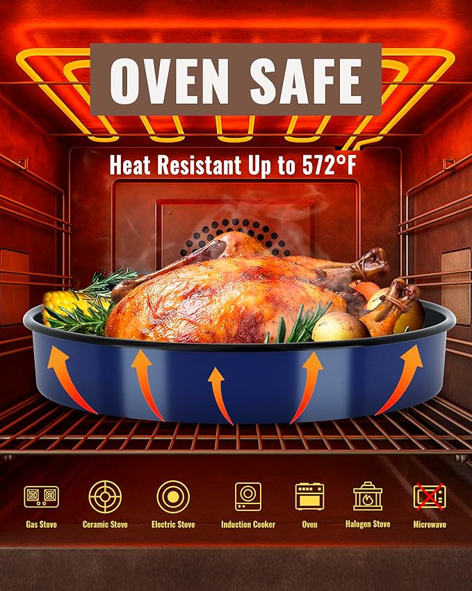 Baking Pans Set Round Roasting Dish 4-Pack 9/10/12/14 Inch Enamel Non Stick Large Bakeware for Cake Bread Pie Pizza Ham Turkey, Non-Toxic Oven Dishwasher Safe Mother's Christmas Gift Cookware