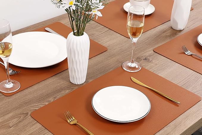 Wipeable Placemats Leather Table Mats Waterproof Heat-Resistant Easy to Clean for Dining Table Set Kitchen Table (6, Brown)