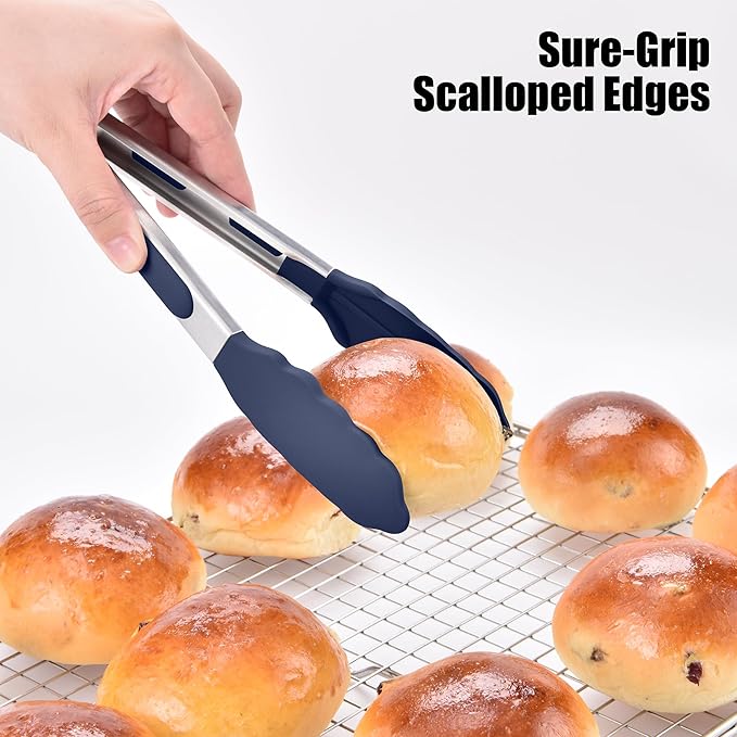Doosu Kitchen Tongs for Cooking - 600째F Heat Resistant Food Tong with Non-Scratch Silicone Tips, Heavy Duty Stainless Steel Locking Tong for BBQ, Grilling Steak, Serving Salad Pasta (9in, Navy Blue)