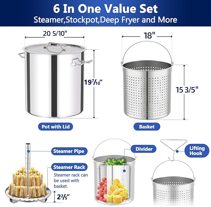 ARC 100-quart Large Stainless Steel Stockpot for Seafood Boiler Crawfish Pot with Basket and Steamer Rack, Outdoor Cooking Pot for Crab Lobster Shrimp Boiling, and Tamales Steamer, 25 Gal