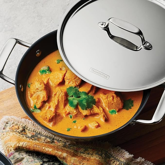 Tramontina Utsava Tri-Ply Clad Stainless Steel 2.75-Quart Kadai with Lid and Ceramic Non Stick Interior, Induction-Ready Kadhai Pot for Indian Cooking