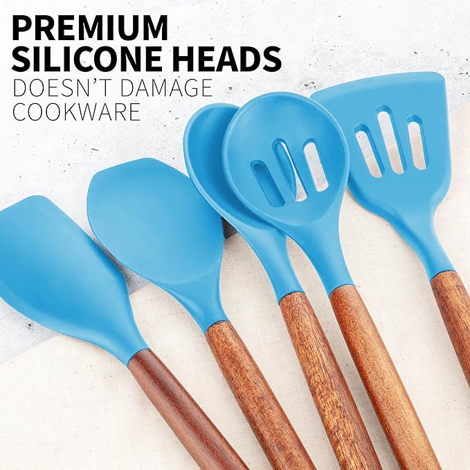 Zulay Kitchen Non-Stick Cooking Utensils Set with Authentic Acacia Wood Handles ??5-Piece Durable & Stylish Silicone Kitchen Utensils Set ??Heat Resistant to 464째F ??Blue