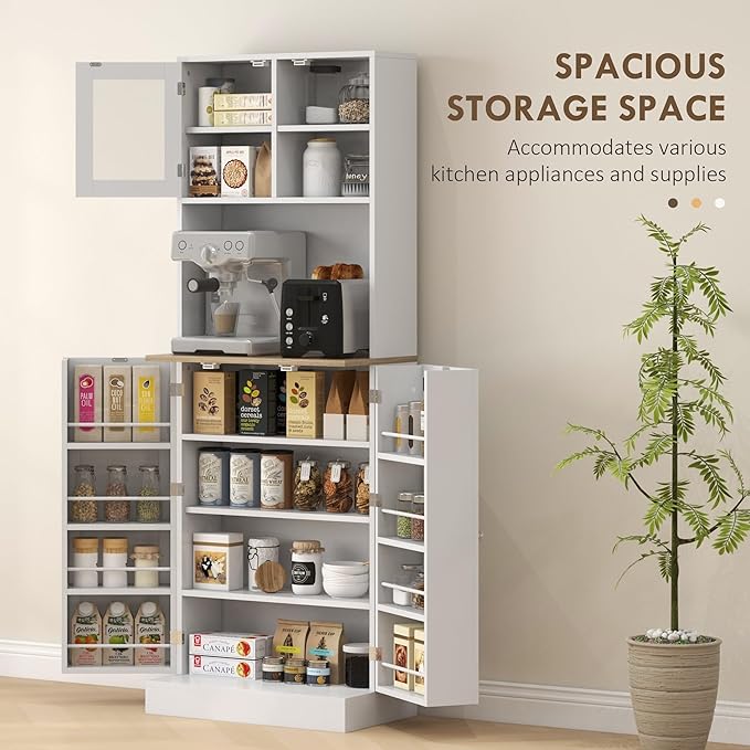 Zateety 66.5" Pantry Cabinet with Microwave Stand, Freestanding Kitchen Storage Cabinet with Hutch, 8 Door Shelves, Adjustable Shelves, Food Pantry Cabinet for Dining Room, White