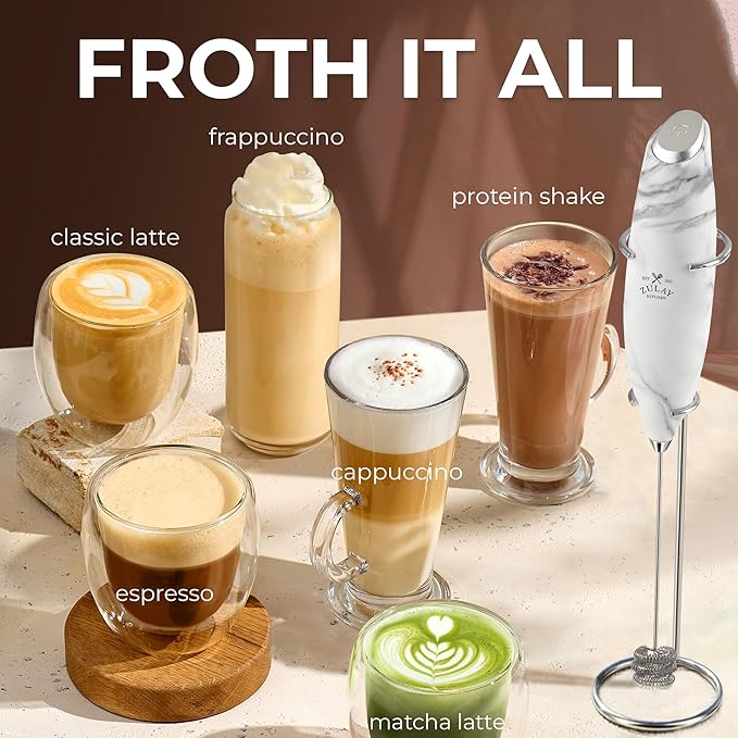 Zulay Kitchen Patented Tornado Triple Whisk Milk Frother with 4 Duracell Batteries ??Handheld Foam Maker for Coffee, Lattes, Matcha & Hot Chocolate ??Rich, Creamy Froth in Seconds