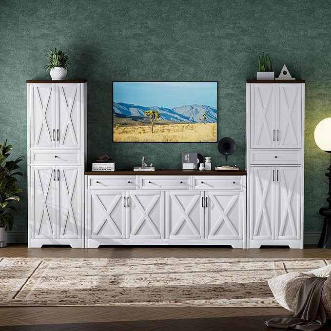 Lyromix 3 Pieces Sideboard and Pantry Set with Storage, Brown Farmhouse Wall Unit Entertainment Center, Large Kitchen Sideboard Buffet Pantry Cabinet with Drawers