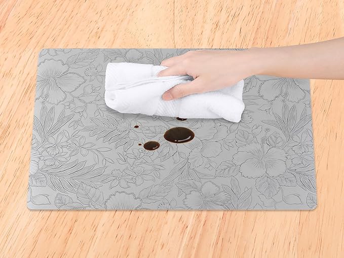 DRMHM Set of 6 Faux Leather Flower Placemats for Kitchen Dining Table Decor, Washable Table Placemats Wipeable Table Mat 18 * 12in Gray