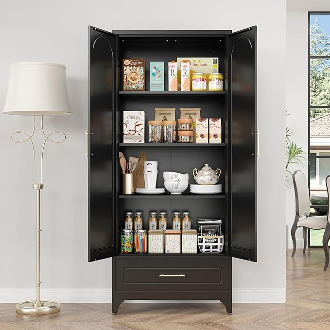 Metal Storage Cabinet with Drawers,75Inch Black Pantry Cabinets for Kitchen Storage with 3 Adjustable Shelves,Tall Kitchen Pantry Cabinet for Living Room, Dining Room竊똎ffice