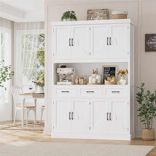 HITHOS 76" Tall Kitchen Pantry Storage Cabinet, 55??Wide Kitchen Hutch Cabinet with Storage Drawers, Large Food Pantry with Microwave Stand, Modern Cupboard with Hutch for Dining Living Room, White