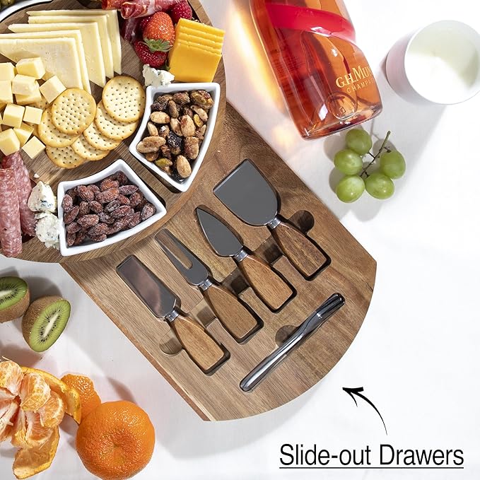 Acacia Cheese Board & Knife Set ??Charcuterie Board with Ceramic Bowls, Slide-Out Drawer & Serving Utensils, Perfect for Entertaining ??Ideal Gift for Weddings, Housewarming & Holidays