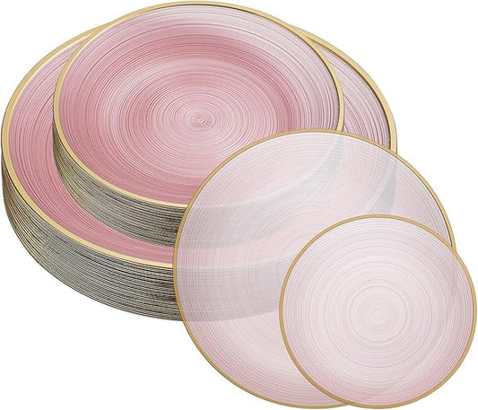 PLASTICPRO 128 Pieces Crystal Design Plastic Plates Combo Pack 7 inch and 10 inch Gold Rim Elegant Disposable Plates, Transparent Pink
