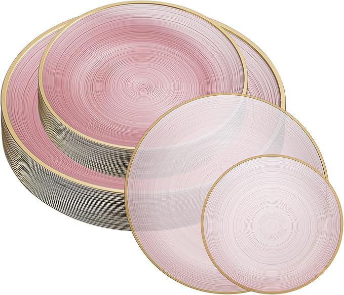 PLASTICPRO 64 Pieces Crystal Design Plastic Plates Combo Pack 7 inch and 10 inch Gold Rim Elegant Disposable Plates, Transparent Pink