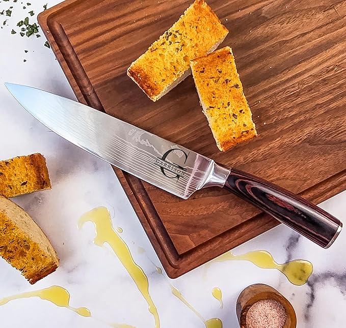 Professional Chef Knife | Personalized 8" Stainless Steel Kitchen Knife | Custom Engraved Initial & Name | Brown Pakka Wood Handle