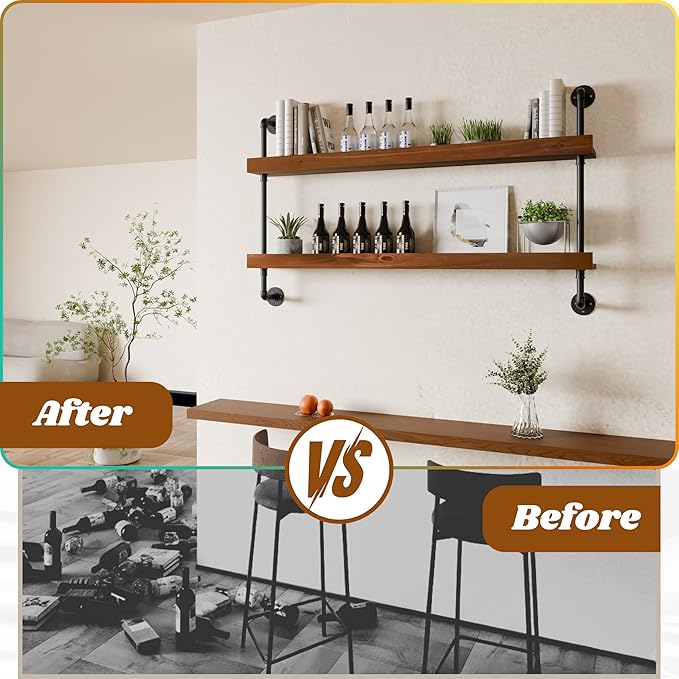 Industrial Wine Rack Wall Mounted, Solid Wood Shelf with Metal Pipe Brackets, 2-Tier Rustic Hanging Organizer for Wine Bottle Storage in Kitchen, Bar, Pub, Cellar(Walnut Brown, 48 Inch)