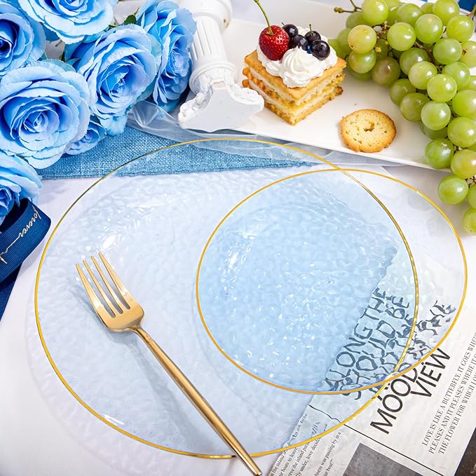 Rubtlamp 100 Pcs Clear Blue Gold Plastic Plates, Clear Hammered Plastic Plates, Blue Party Platos, Disposable Salad/Dessert Platos, 7-Inch Disposable Dessert/Appetizer Platos Perfect For Party