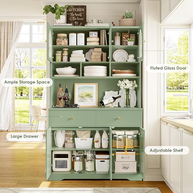 FINETONES 71" Pantry Cabinet, Tall Kitchen Pantry Storage Cabinet with Microwave Stand, Modern Kitchen Hutch Food Pantry with Open Countertop and Adjustable Shelf for Dining Room