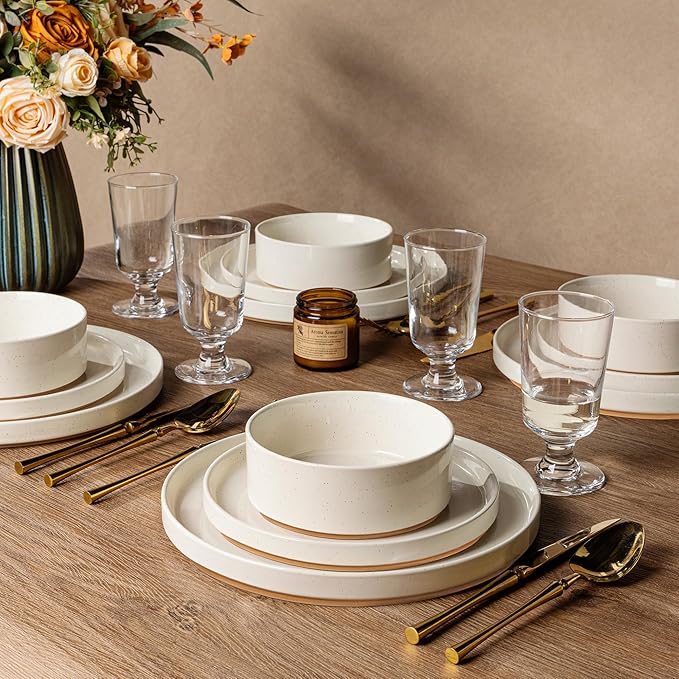 AmorArc Ceramic Dinnerware Set for 8 | Speckled Stoneware Plates and Bowls with Rustic Terracotta Underside| Scratch Resistant,Dishwasher & Microwave Safe Dishes Sets- 24pcs Beige