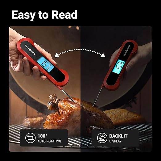 Professional 0.5 Sec Instant Read Meat Thermometer Digital, NIST Certified 짹0.5??Accuracy, Auto Rotate Large LCD Display, Highly Waterproof Cooking Thermometer for Baking Grill BBQ Smoker Oven, Red