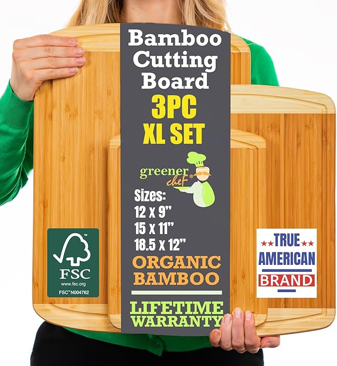 Organic Bamboo Cutting Boards for Kitchen Set of 3 with Lifetime Replacements ??Premium Extra Large Wood Chopping Boards with Juice Grooves for Carving & Serving, Non-Toxic & Durable by Greener Chef