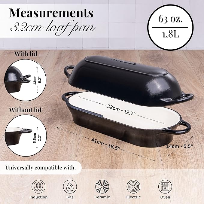 Enamelled Cast Iron Bread Loaf Pot ??Dutch Oven For Sourdough Bread Baking ??Oven Safe Non Stick Bread Pot ??Rectangular, Black, 34cm x 16cm ??by Nuovva