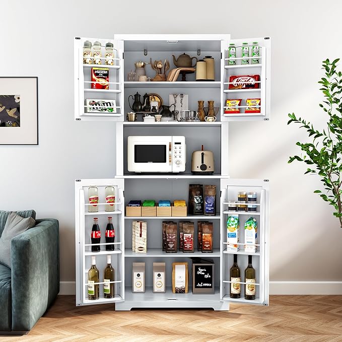 HLR 72" Kitchen Pantry Storage Cabinet, Freestanding Larder Cupboard, Kitchen Hutch Cabinet with Microwave Stand,Utility Pantry with Doors and Shelves for Dining Room, Living Room