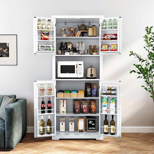 HLR 72" Kitchen Pantry Storage Cabinet, Freestanding Larder Cupboard, Kitchen Hutch Cabinet with Microwave Stand,Utility Pantry with Doors and Shelves for Dining Room, Living Room