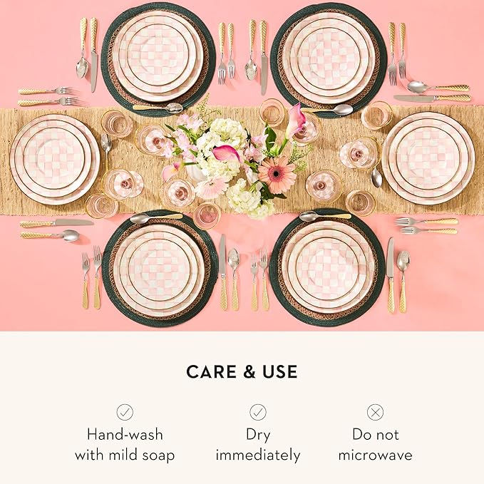 MACKENZIE-CHILDS Enamel Charger Plate, Charger Decoration for Dinner Plates or Home Decor, 12 Inches, Pink-and-White Rosy Check, Set of 4