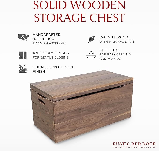 Hope Woodworking Amish Made Wooden Storage Chest Trunk Box with Lid and Handles for Bedroolanket, Clothes, Anti-Slam Hinges, Handmade, Rustic, Walnut Wood, Natural Stain, 42"