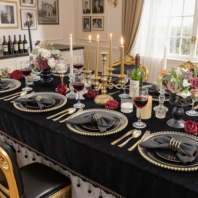 KIRE 60PCS Black Plastic Plates - Black Disposable Plates with Gold Rim for Halloween Party/Graduation - Include 30Pcs 10.25inch for Dinner and 30Pcs 7.5inch for Dessert